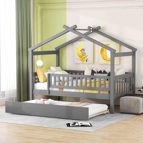 Vista 33 de Merax Cama de tamaño individual de madera estilo casa con valla, marco de cama de madera con techo y barandilla de seguridad para niños, Blanco