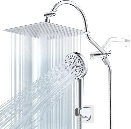 Vista 18 de Hibbent All Metal - Combo de Cabezal de Ducha de Lluvia de 10 pulgadas con Doble Filtro, Cabezal de Ducha de Mano de Alta Presión con Brazo