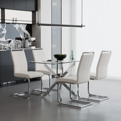 Vista 2 de Juego de mesa de comedor de 5 piezas, moderno juego de mesa de comedor de vidrio templado para 4 mesas de cocina con 4 sillas tapizadas para cocina