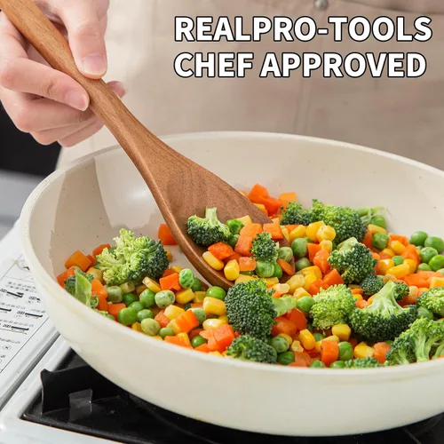 Vista 5 de 2 cucharas de madera de acacia para cocinar, cucharas de cocina de 12 ″ con acabado liso de madera de agarre cómodo, cucharas de madera