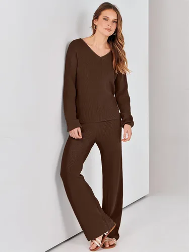 Vista 9 de ANRABESS Conjunto de dos piezas para mujer, suéter de manga larga, cuello en V, suéter de punto y pantalones de pierna ancha