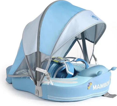 Mambobaby - Flotador con cola y toldo para bebé, anillo de natación para cintura infantil, entrenador de natación y flotador no inflable con correa
