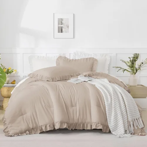 Vista 202 de Andency - Edredón beige con volantes tamaño individual, de 2 piezas, estilo rústico shabby clásico para niños, ligero y suave de microfibra