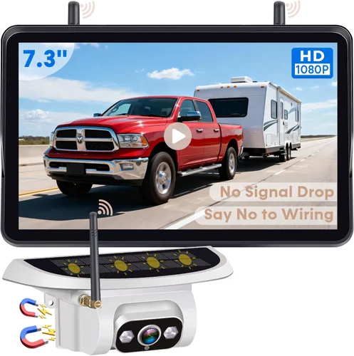 Vista 11 de Cámara de respaldo RV con magnético solar: larga distancia sin retardo de señal, monitor de teclas táctiles de 7 pulgadas con grabación, cámara