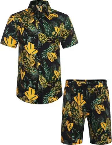 Vista 2 de COOFANDY - Conjunto hawaiano de 2 piezas para hombre, camisa de manga corta con botones y pantalones cortos