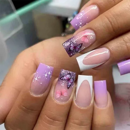 Foccna Uñas francesas a presión moradas, uñas postizas con lentejuelas acrílicas con brillantina y mariposa, uñas postizas largas, moradas,