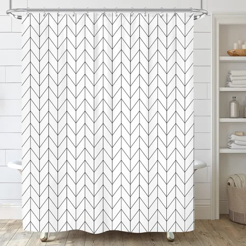 Vista 3 de Riyidecor - Cortina de ducha Chevron con diseño geométrico de espiga, 72 pulgadas de ancho x 96 pulgadas de alto, a rayas, extra larga, simple