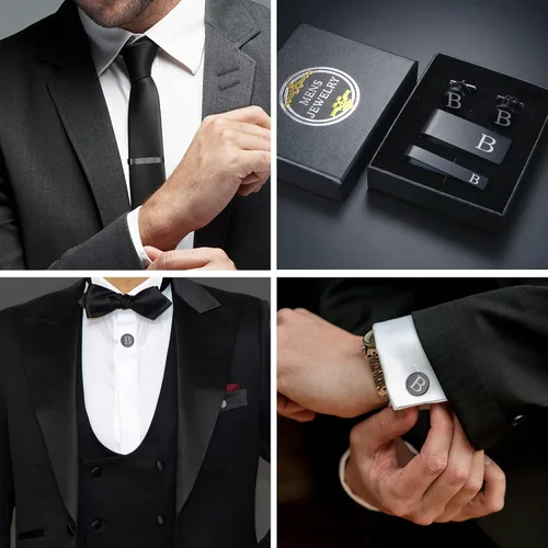 Vista 4 de LOYALLOOK 4Pcs Stainless Steel Engraved Initial Cufflinks and Tie Bar Money Clip Set Personalized Button Shirt Initials Tie Clip Alphabet Letter A-Z