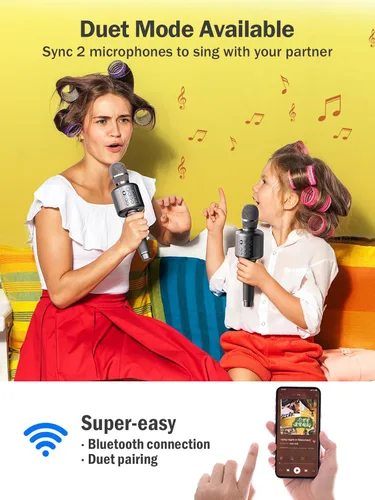 Vista 2 de Micrófono inalámbrico Bluetooth para karaoke, altavoz fuerte integrado para reproducción de 10 horas, modo de reverberación/dúo/monitoreo