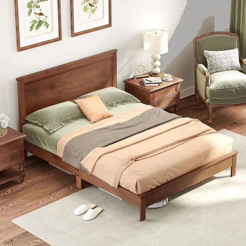 Vista 10 de Giantex Marco de cama individual de madera con cabecero, marco de cama de plataforma de mediados de siglo con patas de madera maciza y soporte