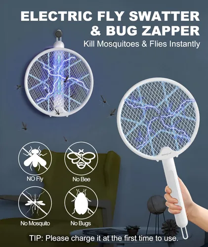 Vista 2 de Matamoscas eléctrico, raqueta plegable para exterminador de insectos, matamoscas electrónico de 3,500 voltios con atractor de luz púrpura