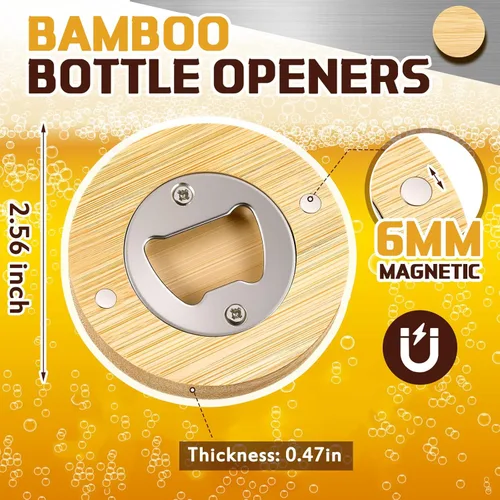 Vista 2 de Vesici 24 piezas Abrebotellas magnético 2.5in DIY Bambú forma redonda Abrebotellas de madera Imán de nevera Adhesivo de refrigerador Regalo