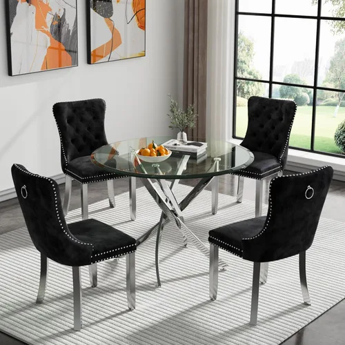 Vista 16 de Juego de 4 mesas de comedor modernas de 36 pulgadas, mesa de comedor redonda de vidrio templado y 4 sillas de comedor de terciopelo beige, mesa
