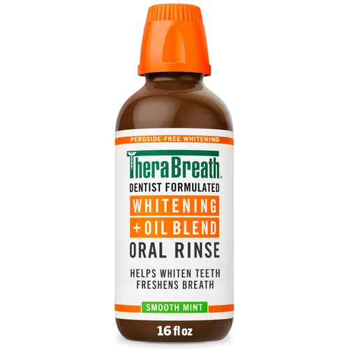 TheraBreath Enjuague bucal Whitening + Oil Blend - Enjuague bucal sin alcohol y sin peróxido que ayuda a blanquear los dientes y refrescar el