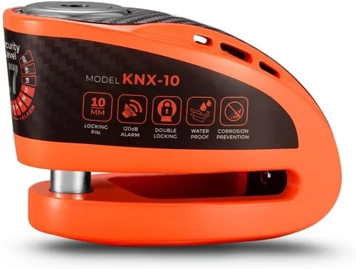 Vista 3 de KOVIX KNX10 Candado de freno de disco para alarma de motocicleta, con pin de 10 mm, 3 llaves, resistente antirrobo, naranja fluorescente