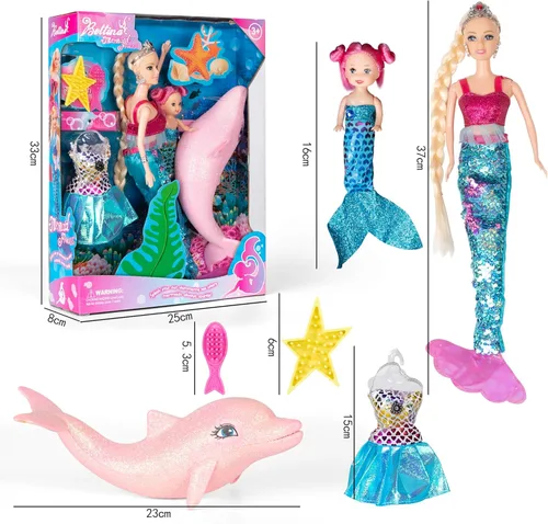 Vista 9 de Muñeca Princesa con Set de Juego de Sirenita y Delfín Rosa, Muñecas de Cabello Rubio con Accesorios, Regalo para Niñas de 3 a 7 Años