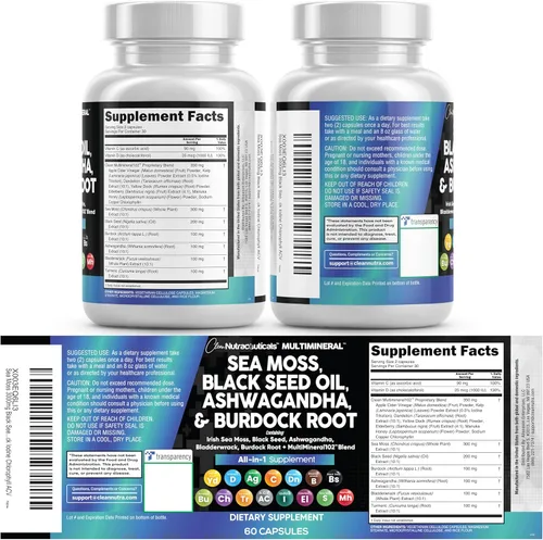 Vista 7 de Clean Nutraceuticals Musgo Marino Aceite de Semilla Negra Ashwagandha Cúrcuma Bladderwrack Bardana & Vitamina C Vitamina D3 con Saúco Manuka Diente