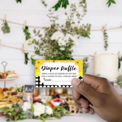 Vista 3 de Cartel de sorteo de pañales, kit de juego para baby shower (1 letrero de pie + 50 tarjetas de adivinanzas), boleto de inserción de rifa de abeja