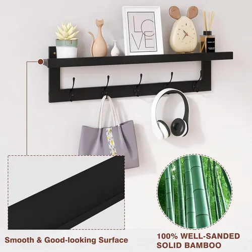 Vista 3 de SMIBUY Ganchos para abrigos con estante montado en la pared, perchero de entrada de 29.2 pulgadas para pared, estante colgante de bambú con 5
