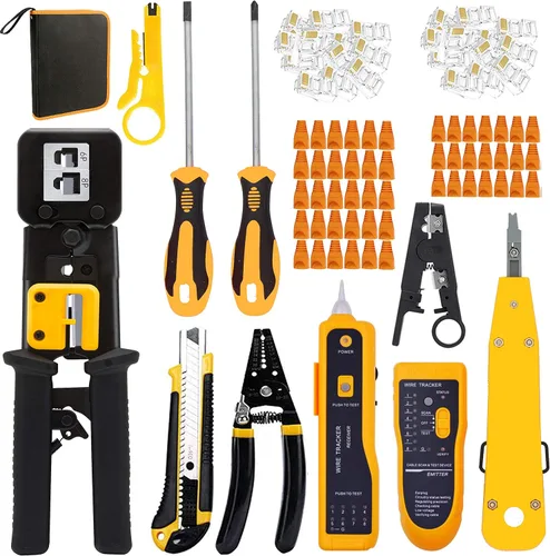 LEATBUY - Kit de crimpadora RJ45 CAT5 CAT6, juego de herramientas de crimpado para paso con 50 conectores de engarzado, 50 piezas, kit de pelacables
