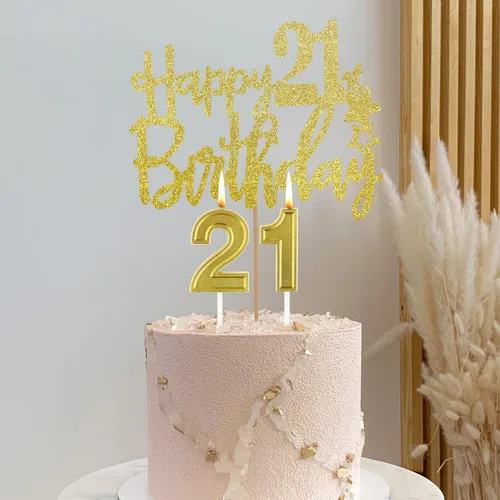 Vista 4 de Decoraciones doradas de cumpleaños número 21 para ella, incluye adorno para pastel de 21 cumpleaños y vela de cumpleaños para ella, banda