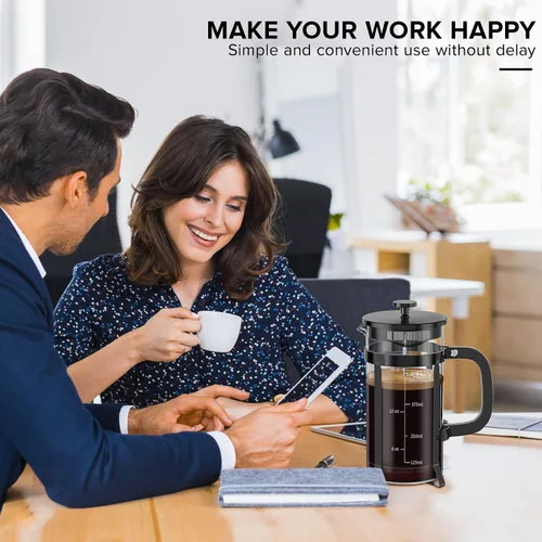 Vista 5 de QUQIYSO Cafetera de prensa francesa de acero inoxidable 304 con 4 filtros, resistente al calor, duradera, fácil de limpiar, prensa de café de vidrio