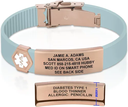 Vista 283 de Divoti Pulsera de identificación de alerta médica grabada personalizada, grabado láser de doble cara, pulsera de silicona, cierre de seguridad