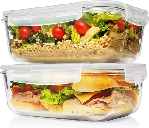 Vista 7 de 8 tazas/63 onzas, 4 piezas (2 recipientes + 2 tapas), recipientes grandes de vidrio para almacenamiento de alimentos y hornear con tapas de bloqueo.