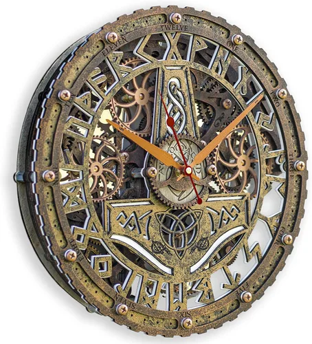 Vista 2 de Automaton Bite 1682 Mjölnir (martillo del dios Thor) Reloj de pared con engranajes móviles, arte de pared grande y silencioso para el hogar, regalo