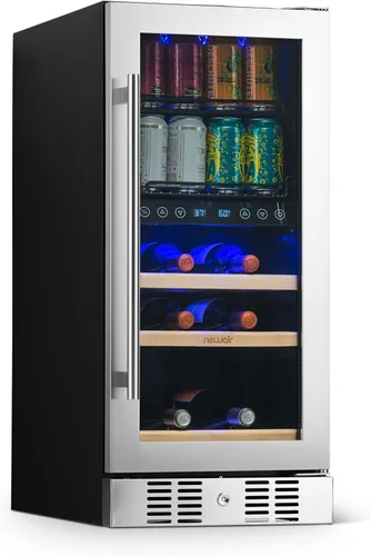 NewAir Refrigerador de bebidas de doble zona de 15 pulgadas y enfriador de vino para 9 botellas y 48 latas, mini refrigerador independiente o
