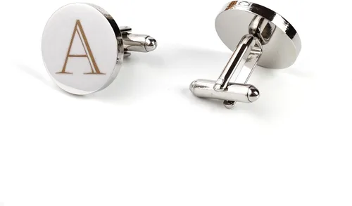 Vista 2 de Mens Initial Silver Cufflinks A-Z Alphabet Letter Steel Cuff Links with Engraved Walnut Wood Box Groom Groomsman Wedding Set