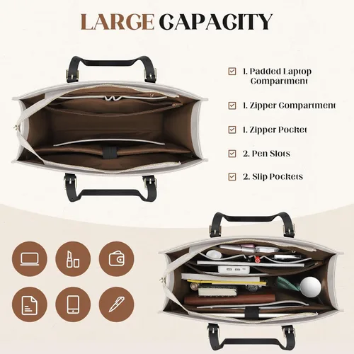 Vista 4 de Maelstrom Bolsa de cuero para computadora portátil para mujer, maletín impermeable con bolsa de embrague, bolsos de trabajo para computadora de 15.6