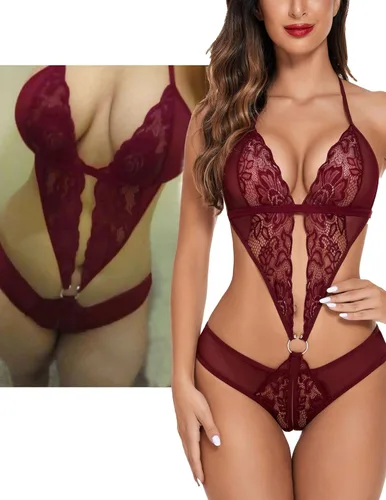 Vista 2 de Avidlove - Lencería de encaje con escote profundo en V para mujer, mini body de una pieza, baby doll, teddy