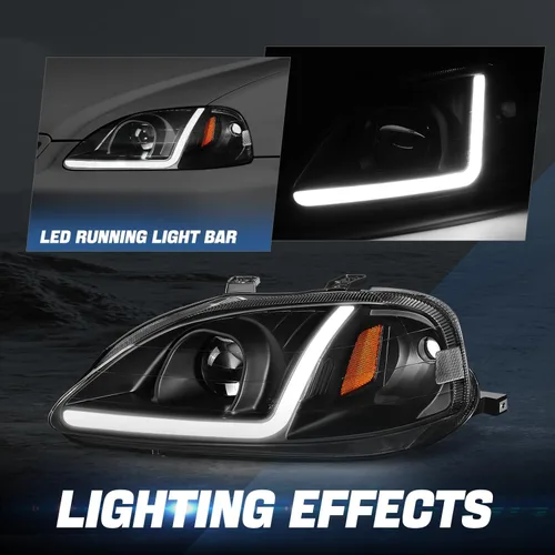 Vista 3 de Auto Dynasty Conjunto de faros delanteros de proyector LED 3D DRL compatible con Honda Civic 1999-2000, lado del conductor y del pasajero, carcasa