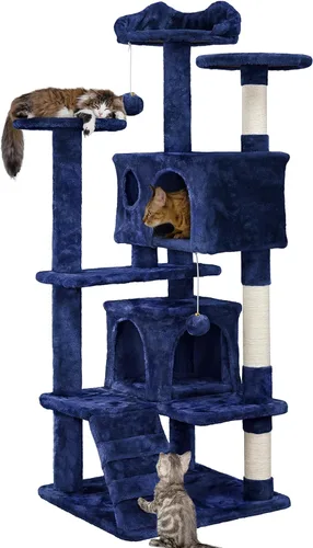 Vista 10 de Yaheetech Torre de árbol para gatos de 54 pulgadas, árbol de varios niveles para gatos de interior con postes rascadores, bolas colgantes, casa
