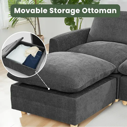 Vista 7 de Sofá extraíble en forma de L con cama cama y otomana de almacenamiento, sofá modular de felpilla para sala de estar, sofá modular en forma de L