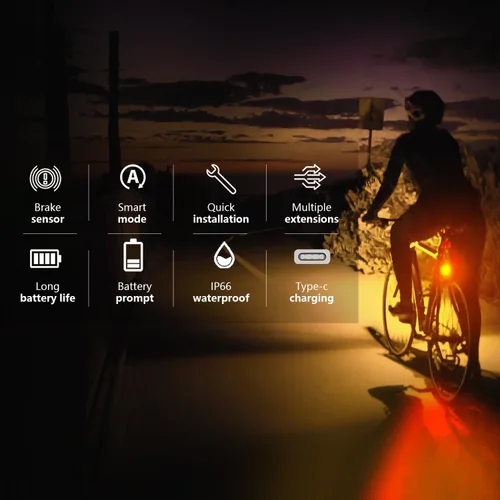 Vista 4 de Luz trasera de bicicleta con detección inteligente, luz trasera con detección de freno de bicicleta, recargable por USB IP66 impermeable, 6 modos