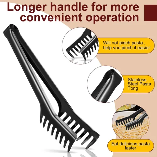 Vista 3 de Patelai Juego de cuchara de espagueti y pinzas para pasta, herramientas de servicio de fideos de mango largo con orificios de drenaje, agarre Negro