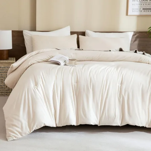 Paxrac - Juego de edredón y funda de almohada beige - Tamaño individual/individual XL, juego de 2 piezas color crema, ropa de cama ligera y neutra