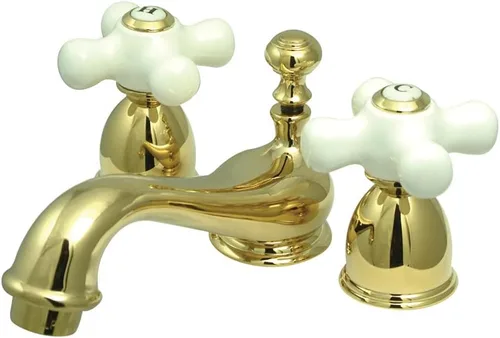 Vista 6 de Kingston Brass KS3958PX Restoration Mini Grifo de Lavabo con Mango Cruzado de Porcelana, Níquel Satinado, Centro Ajustable de 4 Pulgadas
