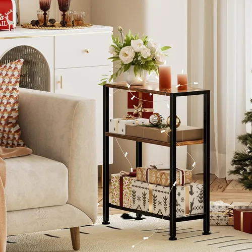 Vista 3 de Mesa auxiliar estrecha para espacios pequeños, mesa auxiliar pequeña de 2 niveles con soporte para estantes, mesita de noche delgada, mesa de sofá