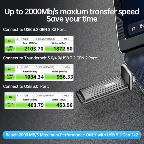 Vista 3 de SSK Unidad Flash USB C de 1TB Máximo hasta 2000mb/s Disco Duro Externo Rápido USB 3.2 Gen 2x2 SSD Externo Portátil Thumb Drive Aleación de Zinc USB