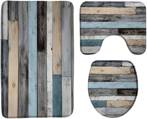 Juego de 3 tapetes de baño de madera rústica azul y verde azulado con tapa de inodoro, cubierta en forma de U, estilo vintage, puerta de granero y