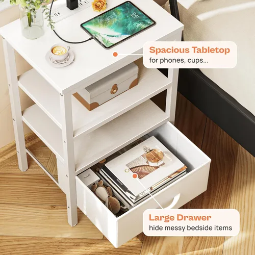Vista 6 de SUPERJARE - Mesita de noche con estación de carga, con cajón de tela ajustable, para dormitorio, mesa auxiliar de almacenamiento de 3 niveles