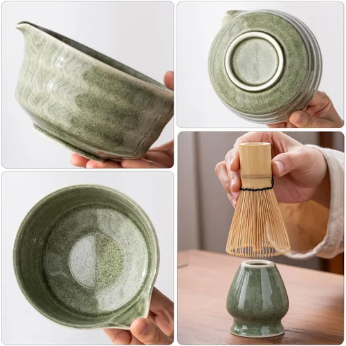 Vista 4 de Juego de Matcha Buucup, Juego de Cuenco de Matcha con Boca, Batidor de Matcha y Soporte, Cuchara de Bambú para Matcha y Tamiz de Acero Inoxidable