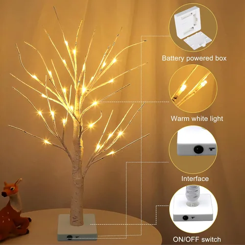 Vista 2 de Juego de 2 luces blancas cálidas para árbol de abedul con batería o USB, 24 luces LED de hadas, árbol espiritual, decoración de mesa para el hogar