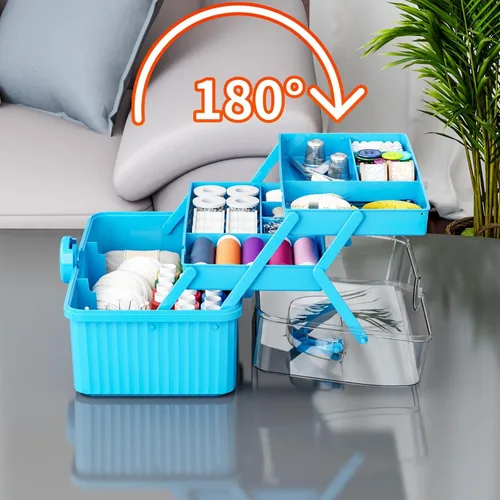 Vista 3 de Caja de plástico de 3 capas para manualidades y caja de herramientas para manualidades, caja de almacenamiento de plástico multiusos con asa