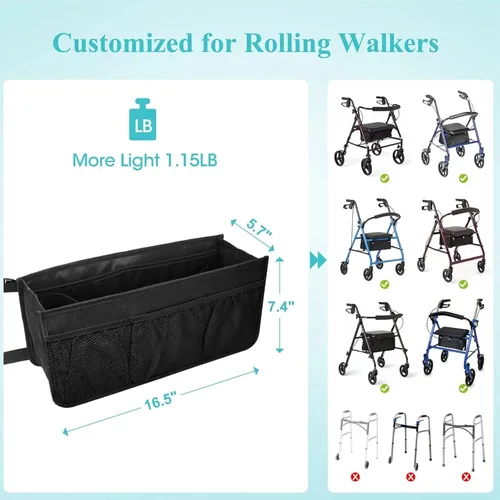 Vista 3 de Cesta para andador Dotday con porta copa, accesorios para andador fáciles de usar, bolsa de almacenamiento plegable, nunca se vuelca