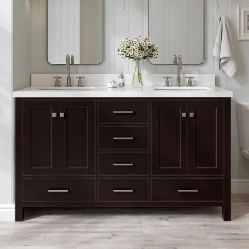 Vista 33 de ARIEL Cambridge - Mueble de baño de 42 pulgadas con fregadero, madera maciza, encimera y protector contra salpicaduras de cuarzo blanco puro de 1.5