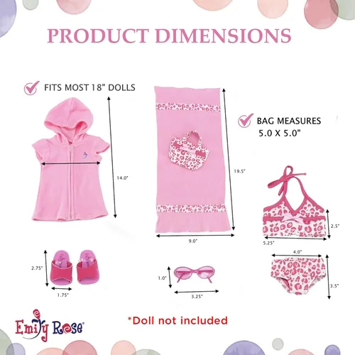 Vista 4 de Conjunto de traje de baño de muñeca de 18 pulgadas, traje de baño Emily Rose de 6 piezas con cubierta con capucha, toalla, lentes de sol, chanclas